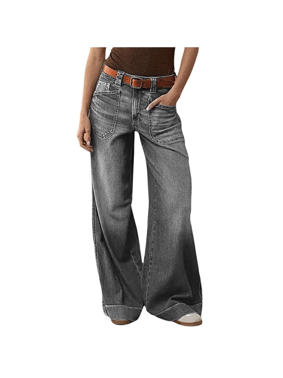 Womens Wide Leg Jeans, Front Pockets Loose Fit High Waist Retro Trendy Denim Trousers Gray L