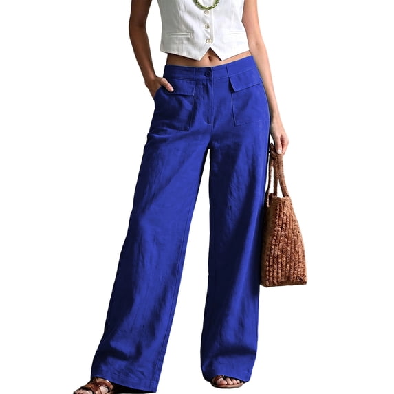JUUNthy Womens Wide Leg Pants, Front Patch Pocket Button Closure High Waist Summer Pants for Daily Holiday Travel Wear Blue M