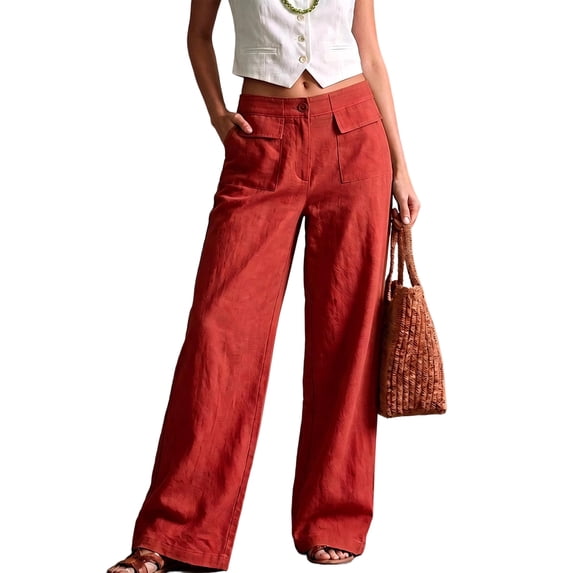 JUUNthy Womens Wide Leg Pants, Front Patch Pocket Button Closure High Waist Summer Pants for Daily Holiday Travel Wear Red S