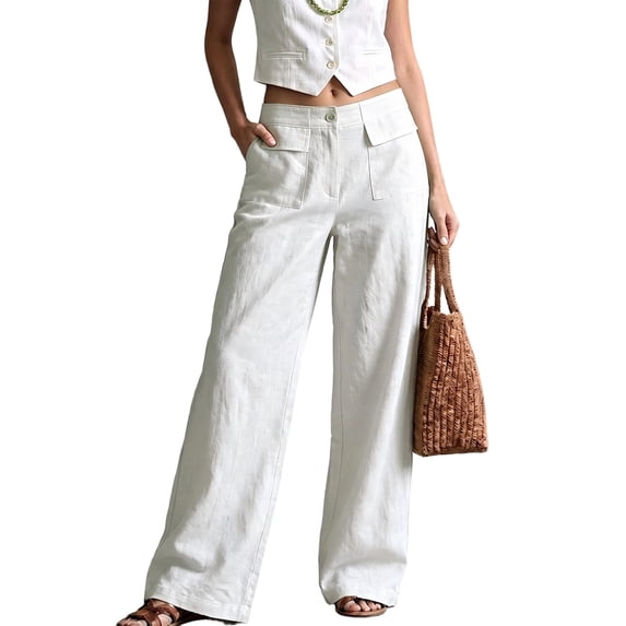 JUUNthy Womens Wide Leg Pants, High Waist Button Closure Front Patch Pocket Summer Pants for Daily Holiday Travel Wear White S