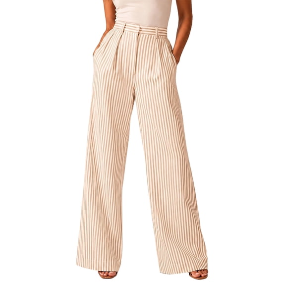JUUNthy Womens Wide Leg Pants, High Waist Striped Pleated Zipper Button Casual Office Palazzo Dress Trousers with Pockets Beige L