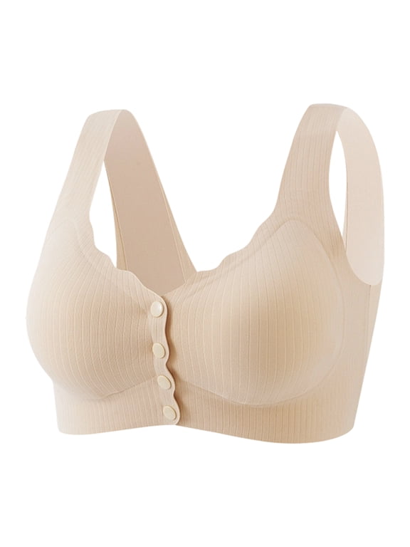 Womens Wireless Bras, Front Closure Push Up Full Coverage Wide Strap Comfortable Scalloped Bras Beige 2XL
