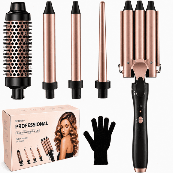 JUUTREN 5 in 1 Curling Iron, Hair Curlers Waver Set 3 Barrels Hair Crimper, Professional Fast Heating Curling Wand, Interchangeable Curling Iron for Women