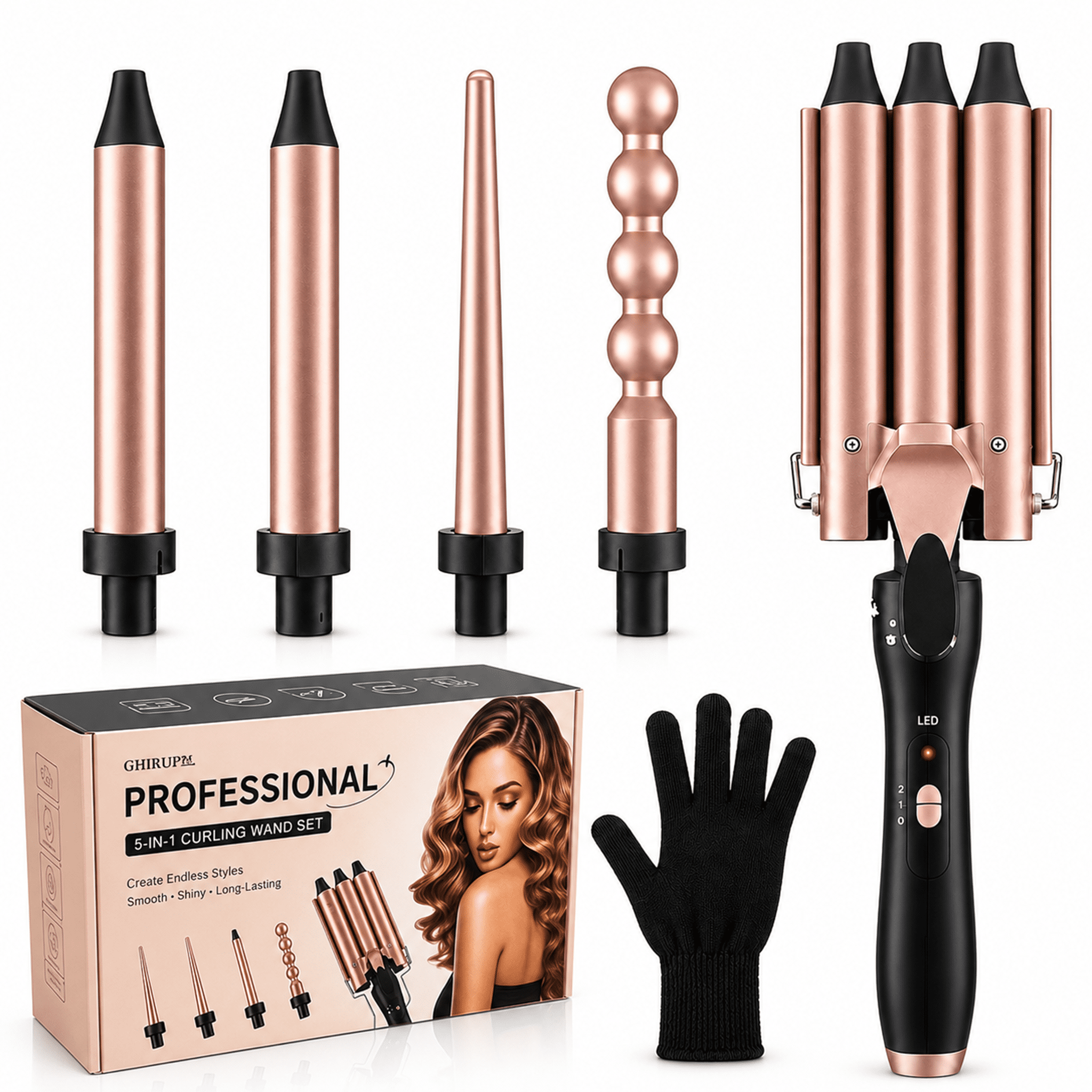 JUUTREN 5 in 1 Curling Iron, Hair Curlers Waver Set 3 Barrels Hair Crimper, Professional Fast Heating Curling Wand, Interchangeable Curling Iron for Women