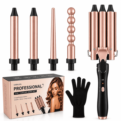 JUUTREN 5 in 1 Curling Iron, Hair Curlers Waver Set 3 Barrels Hair Crimper, Professional Fast Heating Curling Wand, Interchangeable Curling Iron for Women