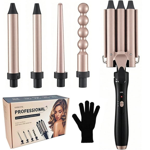 JUUTREN 5 in 1 Curling Iron, Hair Curlers Waver Set  3 Barrels Hair Crimper, Professional Fast Heating Curling Wand, Interchangeable Curling Iron for Women