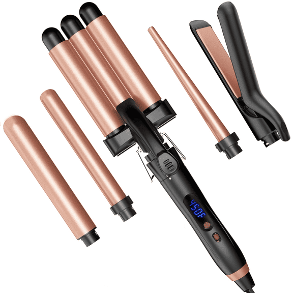 JUUTREN 5 in 1 Curling Iron, Hair Curlers Waver Set with Flat Iron Hair Straightener, 3 Barrels Hair Crimper, Professional Fast Heating Curling Wand, Interchangeable Curling Iron for Women