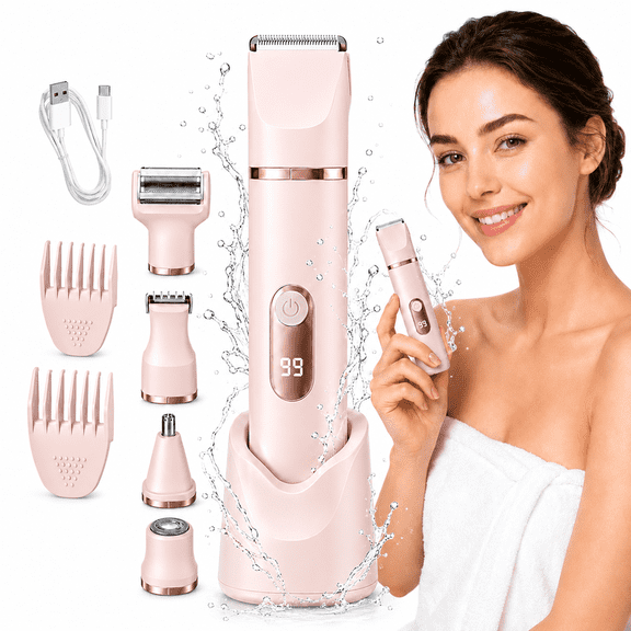 JUUTREN Electric Razor Shaver Bikini Trimmer for Women, 5-in-1 Painless Hair Remover & Epilator with LED Display, Rechargeable Cordless Bikini Hair Trimmer for Face, Legs, Underarm, nose & Body(Pink)