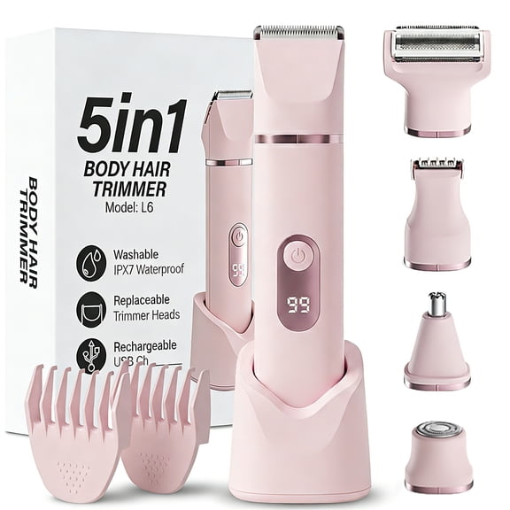 JUUTREN Electric Razor Shaver Bikini Trimmer for Women, 5-in-1 Painless Hair Remover & Epilator with LED Display, Rechargeable Cordless Bikini Hair Trimmer for Face, Legs, Underarm, nose & Body(Pink)