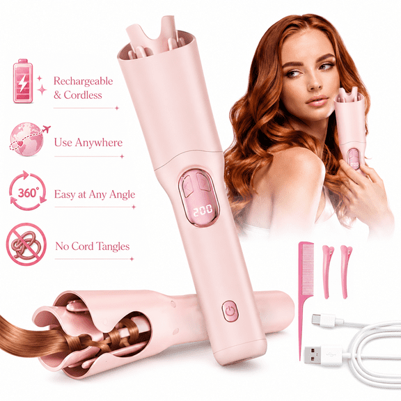 JUUTREN Hair Curler Curling Iron Wand Cordless Automatic 1.25 inch Rotating Curling Wand for Beach Waves & Loose Curls, Portable Wireless with 3 Heat Settings 320400, Pink