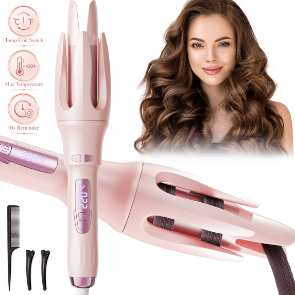 JUUTREN Automatic Curling Iron 1 Inch Hair Curler, Rotating Wand Curling Iron for Waves, Beach Curls & Hair Waver, Dual Voltage 110-240V, 4 Heat Settings 320℉-430℉, Hair Wand Auto Shut Off, Pink