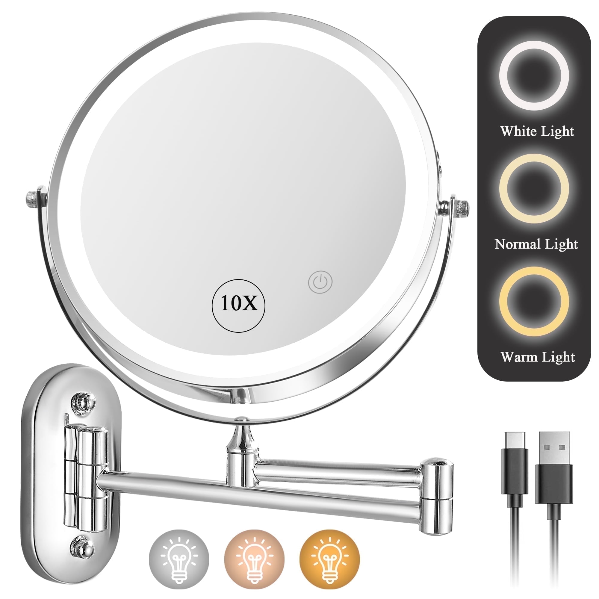 JUUTREN Bathroom Vanity Mirror with Lights, 8" Double Sided 1X/10X Magnifying, 3 Colors Brightness Adjustable Makeup Mirror, 360°Rotation Extendable Wall Mounted Lighted Makeup Mirror(Chrome)