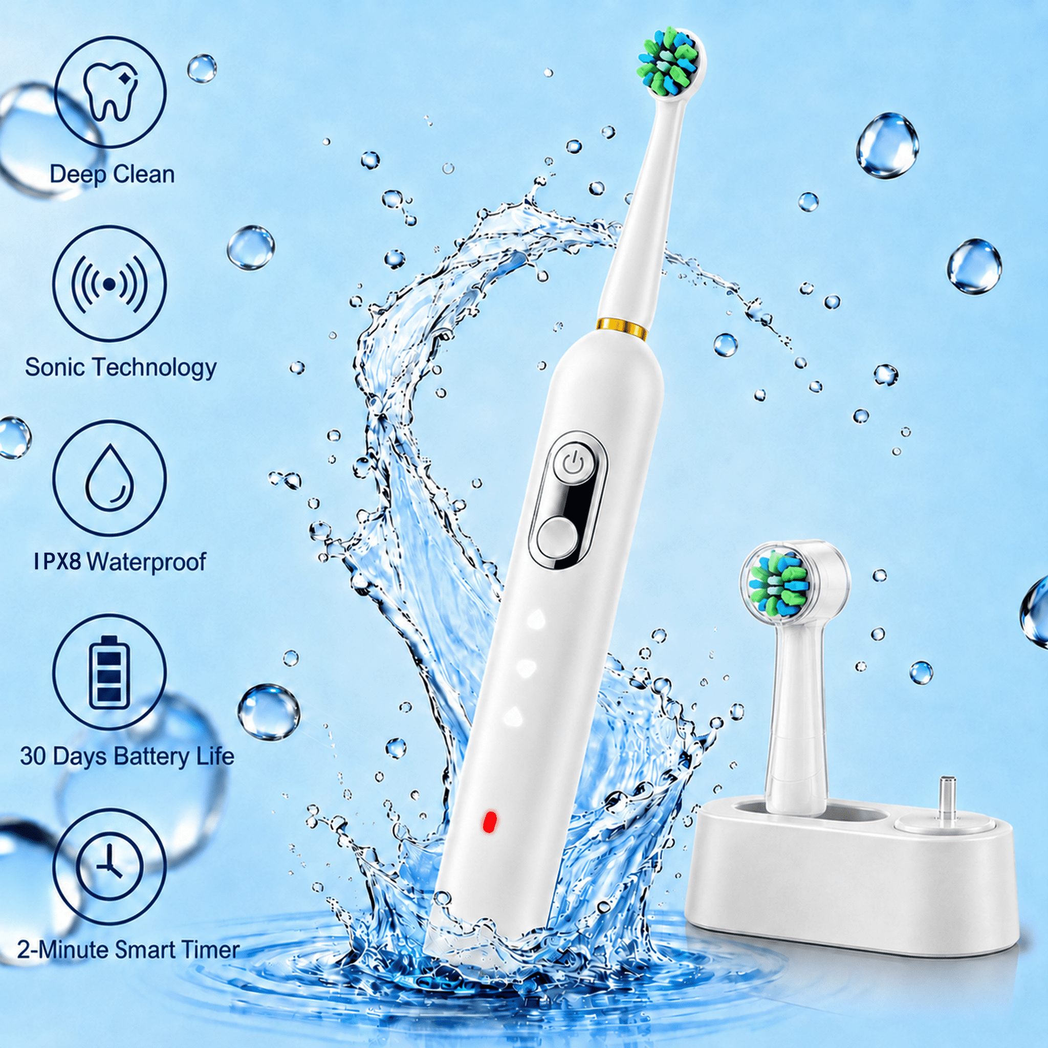 JUUTREN Electric Toothbrush for Adults, Sonic Rechargeable Toothbrush with 70-Day Battery Life, IPX8 Waterproof, Travel-Friendly, 3 Modes, 2 Brush Heads, 2-Minute Smart Timer