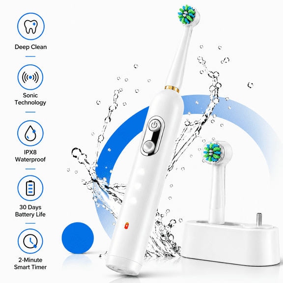 JUUTREN Electric Toothbrush for Adults, Sonic Rechargeable Toothbrush with 70-Day Battery Life, IPX8 Waterproof, Travel-Friendly, 3 Modes, 2 Brush Heads, 2-Minute Smart Timer