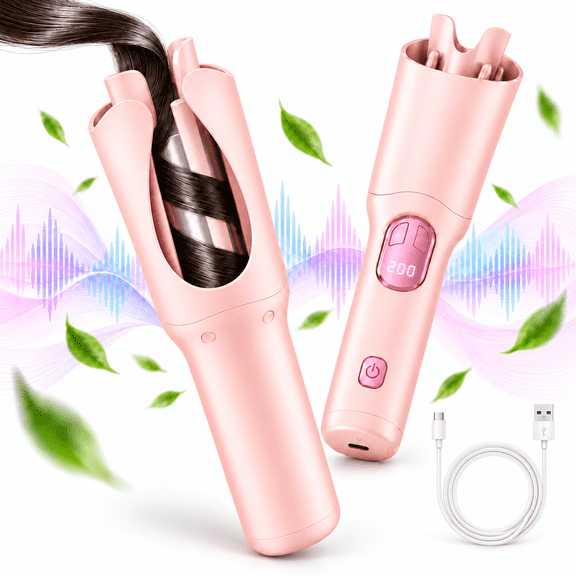 JUUTREN Hair Curler Curling Iron Wand Cordless Automatic 1.25 inch Rotating Curling Wand for Beach Waves & Loose Curls, Portable Wireless with 3 Heat Settings 320400, Pink