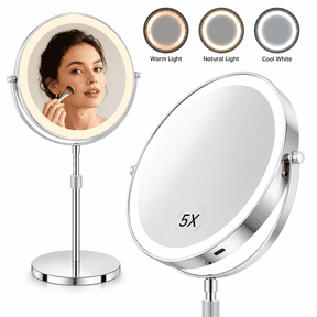 JUUTREN Makeup Mirror with 3 Color Lights, Rechargeable Vanity Mirror, 1X/5X 360 Rotation Double Sided Magnifying Makeup Mirror, 4"Height & Brightness Adjustable, 8"travel Mirror with Detachable Base
