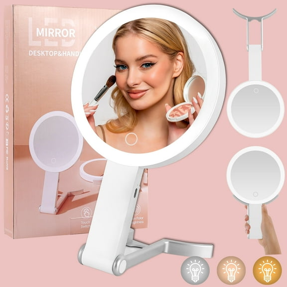 JUUTREN Travel Makeup Mirror with Light, 2-Sided 10X /1X Magnifying Vanity Mirrors, 3 in 1 Hand Held Tabletop Hanging LED Mirror, 3 Color Lighting Dimmable Touch Screen for Home and Outside
