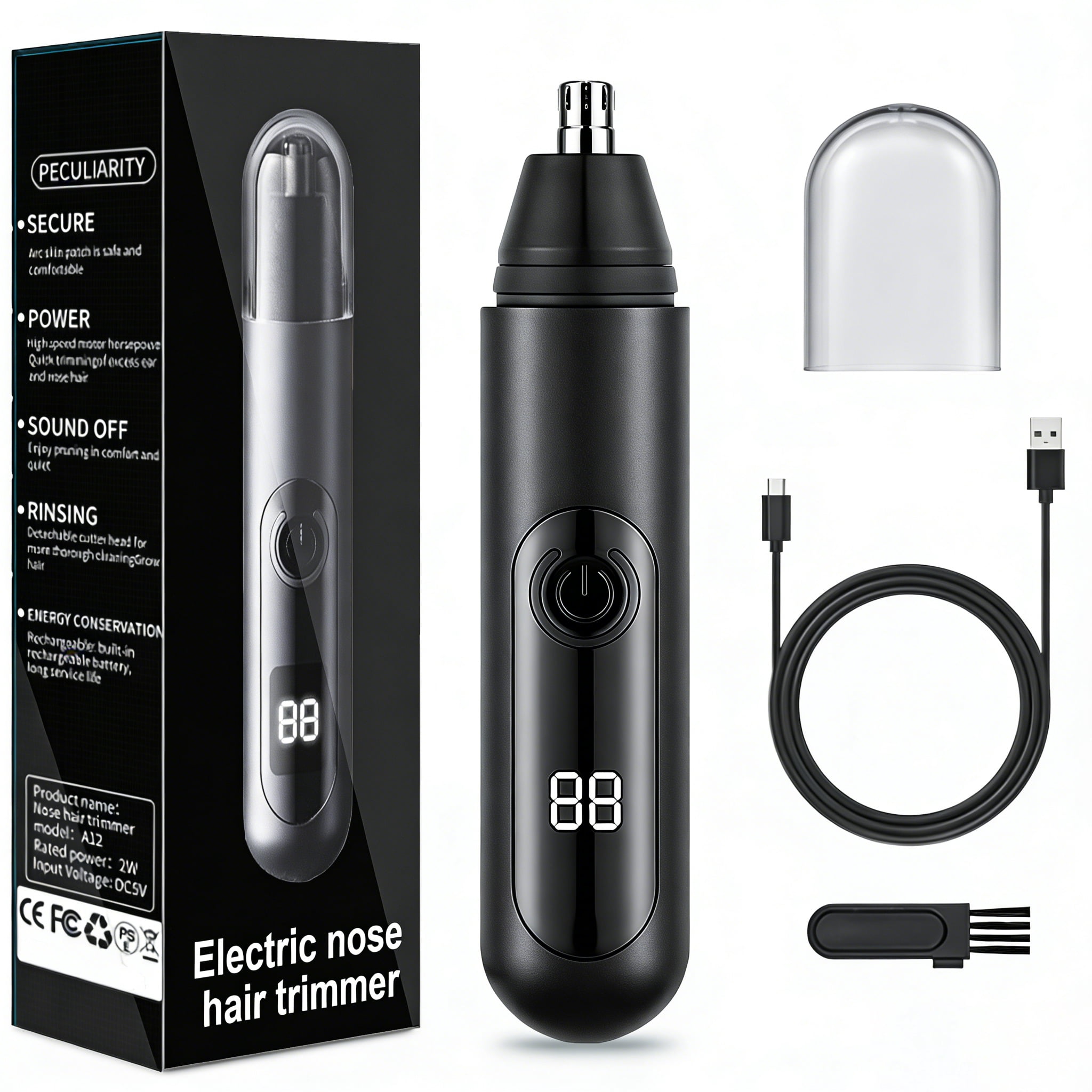 JUUTREN Nose and Ear Hair Trimmer for Men Women, Rechargeable Eyebrow & Facial& Nose Hair Trimmer Grooming with LED Display, IPX7 Waterproof, Painless & Detachable Dual-Edge Blades for Easy Cleansing