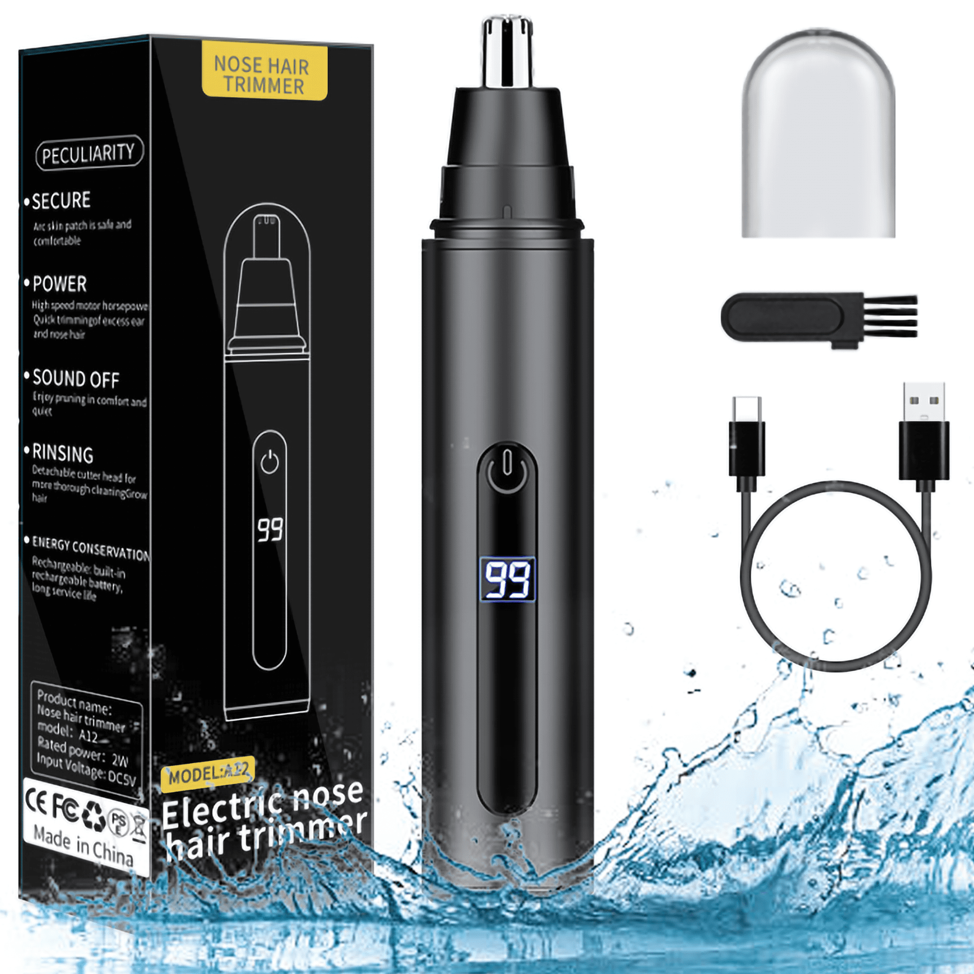 JUUTREN Nose and Ear Hair Trimmer for Men and Women, Rechargeable Grooming Tool with LED Display, Eyebrow and Facial Hair Remover, Dual Edge Blades Waterproof IPX7, Painless Easy Cleaning