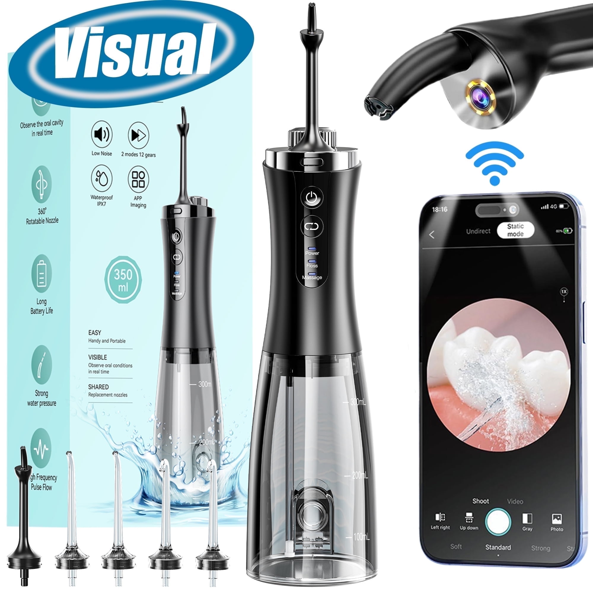 JUUTREN Visual  Water Flosser for Teeth, Cordless Water Flosser for Teeth Cleaning and Flossing, 1080P Camera Portable  Rechargeable Water Dental Flossers for Adults & Kids, 350ml Oral Irrigator