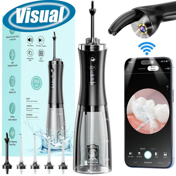 JUUTREN Visual Water Flosser for Teeth, Cordless Water Flosser for Teeth Cleaning and Flossing, 1080P Camera Portable Rechargeable Water Dental Flossers for Adults & Kids, 350ml Oral Irrigator