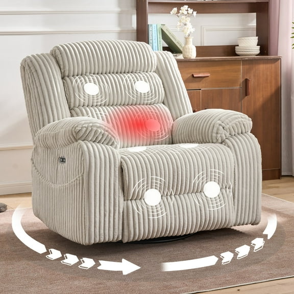 JUUXO Extra Wide Rocker Recliner Swivel Chair Nursery with Heat Massage - USB & Type C Charging Port - Velvet Swivel Reclining Chair for Living Room Bedroom Office