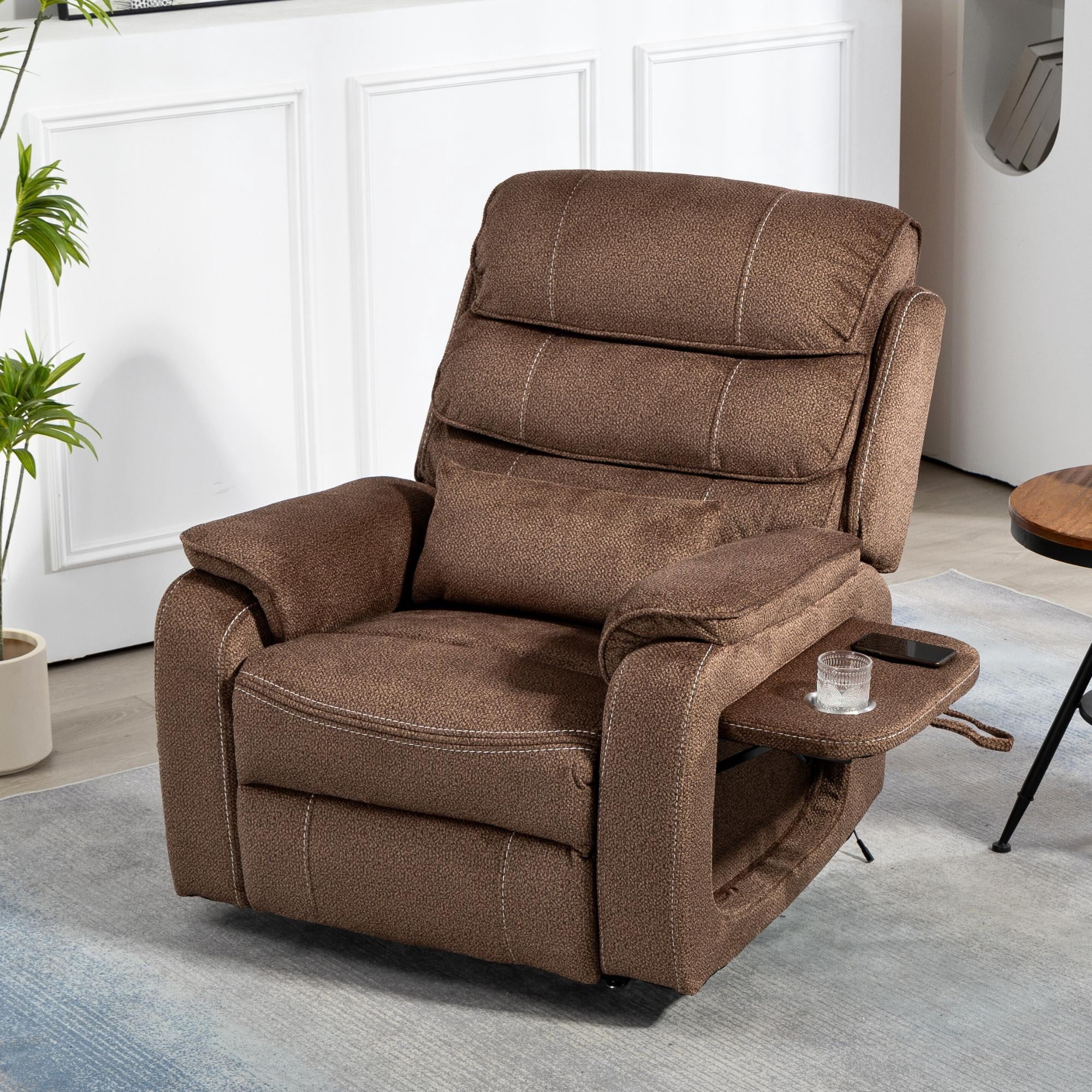 JUUXO Power Lift Recliner Chair for Elderly Adults Wide Recliner Chair with Wireless Charger, Cup Holder, and Lumbar Pillow - Chenille Brown