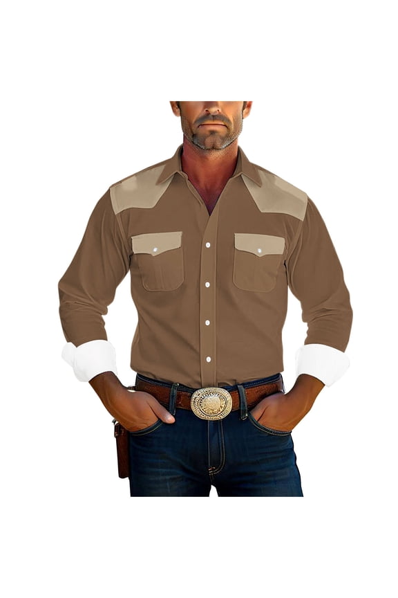 100% Cotton Shirts for Men Vintage Color Block Print Casual Western Long Sleeve Shirts Button Down Shirt Coffee M