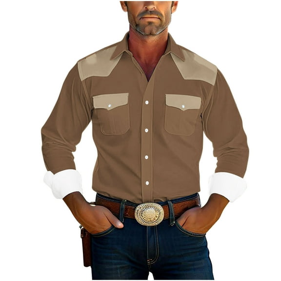 JUUYY 100% Cotton Shirts for Men Vintage Color Block Print Casual Western Long Sleeve Shirts Button Down Shirt Coffee XXXXL