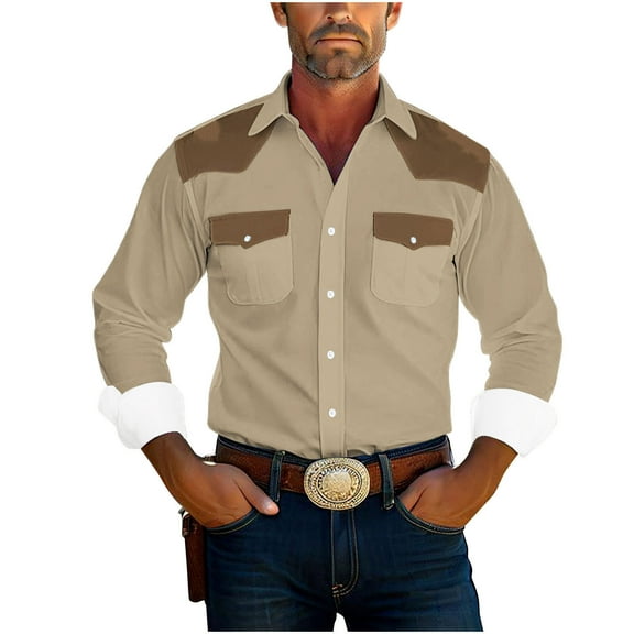 JUUYY 100% Cotton Shirts for Men Vintage Color Block Print Casual Western Long Sleeve Shirts Button Down Shirt Khaki#1 S