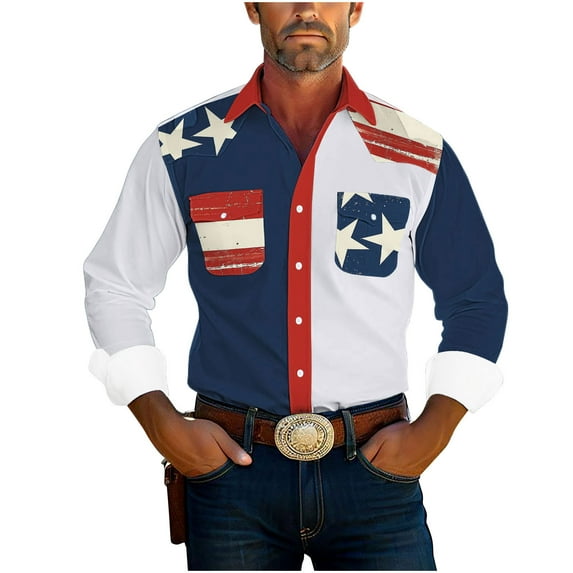 JUUYY 100% Cotton Shirts for Men Vintage Color Block Print Casual Western Long Sleeve Shirts Button Down Shirt Navy M