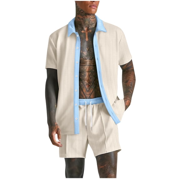 JUUYY 2 Piece Short Sets for Men Summer Beach Outfits Color Block Textured Short Sleeve Button Down Shirts and Shorts Casual Vacation Set Beige XL