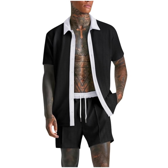 JUUYY 2 Piece Short Sets for Men Summer Beach Outfits Color Block Textured Short Sleeve Button Down Shirts and Shorts Casual Vacation Set Black XXL
