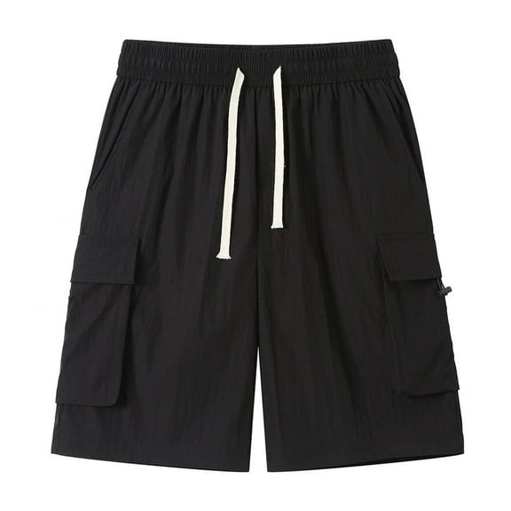 JUUYY Big & Tall Cargo Shorts for Men Casual Loose Fit Solid Color Multi Pockets Short Drawstring Elastic Waist Sports Pants Black L