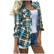 JUUYY Button Down Plaid Flannel Shirts for Women Boyfriend Rolled up Long Sleeve Fall Shirts with Pockets Casual Collared Work Office Tops Blue#01 XL