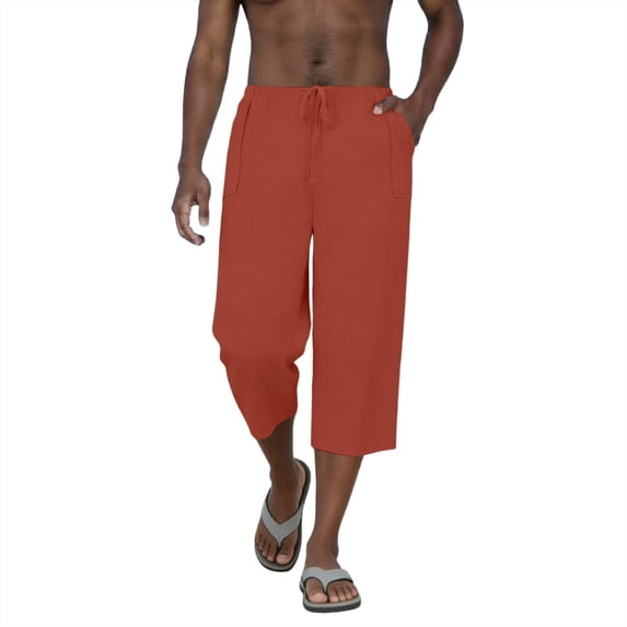 JUUYY Capri Pants for Men Beach Summer Wide Leg Cropped Pants Elastic Waist Drawstring Casual Loose Straight Trousers with Pockets Red XXL