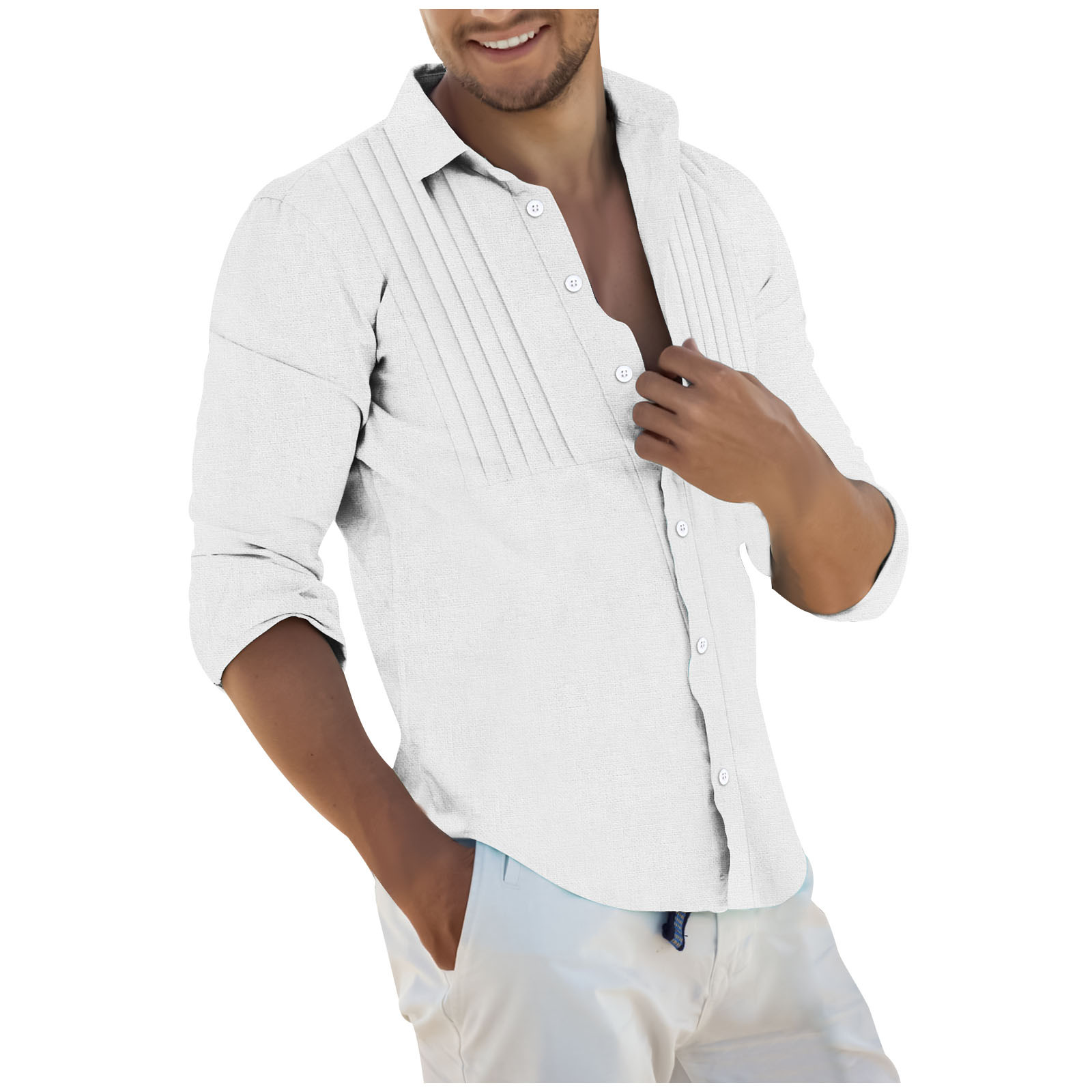 Men’s White Linen Button Down Shirt - Long Sleeve Roll-Up Casual Dress Shirt by USA Men's Outlet