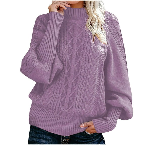 JUUYY Casual Knitted Sweater Tops for Women Solid Color Cable Knit Balloon Sleeve Mock Neck Sweaters Fall Winter Warm Pullover Jumpers Purple XXXL