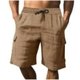 thumbnail image 1 of JUUYY Casual Linen Pants for Men Summer Beach Half Shorts Solid Color Cotton Short with Drawstring Pockets Shorts Khaki S, 1 of 7