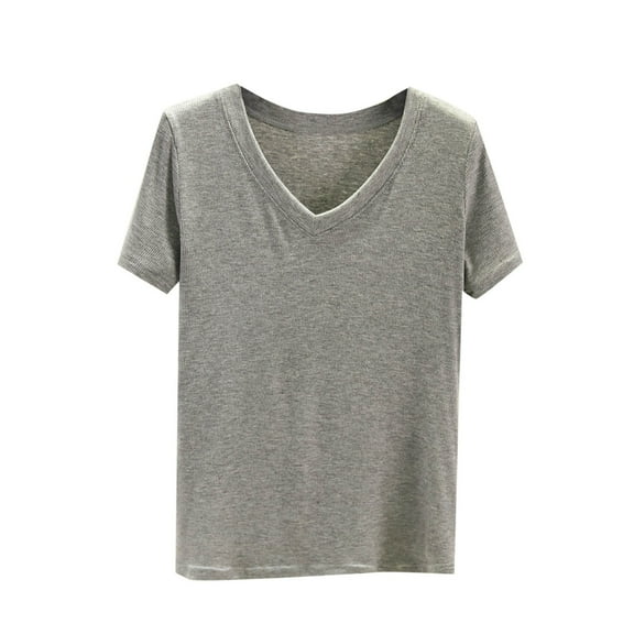 JUUYY Cotton Basic T Shirts for Women Summer V Neck Solid Slim-Fit Short Sleeve Tops Casual Tee for Women Gray M