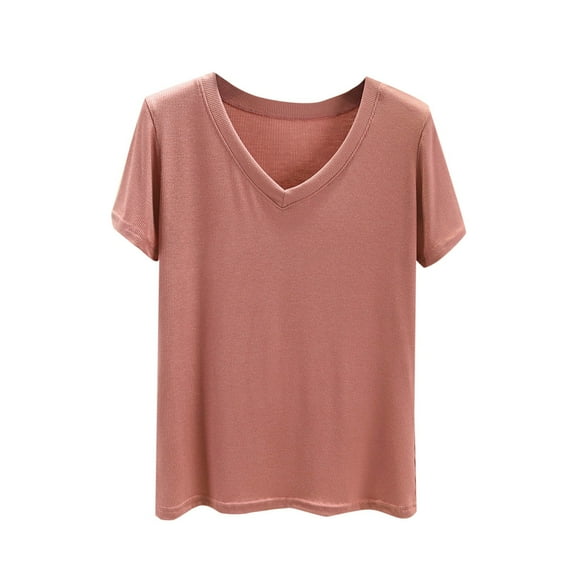 JUUYY Cotton Basic T Shirts for Women Summer V Neck Solid Slim-Fit Short Sleeve Tops Casual Tee for Women Pink M