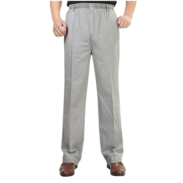 JUUYY Cotton Linen Dress Pants for Men Stretch High Waisted Solid Color Trousers Casual Straight Leg Pants with Pockets Gray XL
