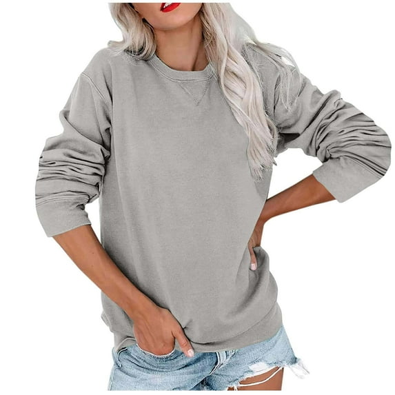 JUUYY Crewneck Sweatshirts for Women Loose Lightweight Casual Long Sleeve Solid Pullover Tops Oversized Basic Workout T-Shirts Dark Gray S