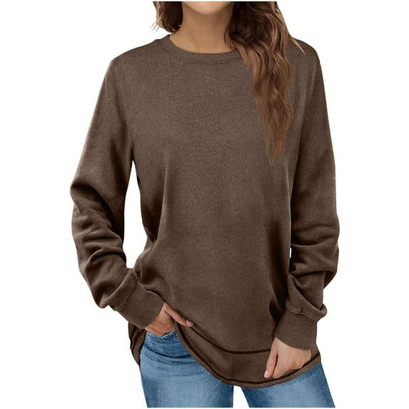 JUUYY Fall Crewneck Sweatshirts for Women Loose Lightweight Casual Long Sleeve Solid Color Pullover Tops Trendy Oversized Basic Workout T-Shirts Coffee M