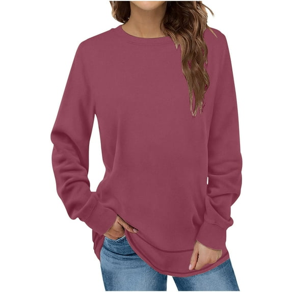 JUUYY Fall Crewneck Sweatshirts for Women Loose Lightweight Casual Long Sleeve Solid Color Pullover Tops Trendy Oversized Basic Workout T-Shirts Hot Pink#02 S