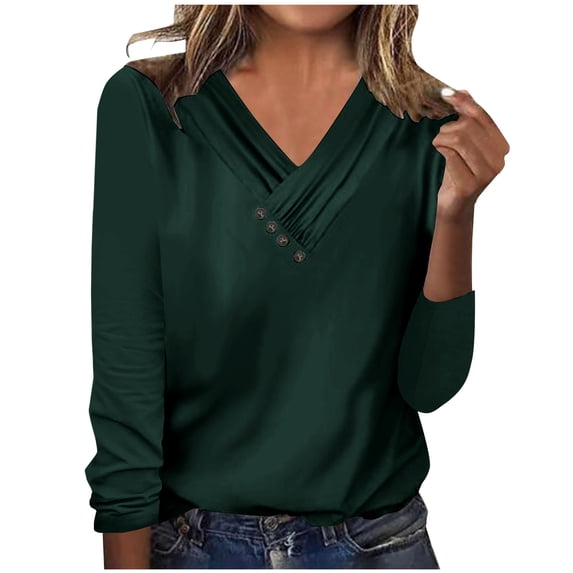 JUUYY Fall Spring Shirts for Women Casual Button Cross V Neck Solid Color Basic Tunic Tops Long Sleeve Workout Sweatshirts Loose Regular Fit Cozy Pullover Blouse Green D S