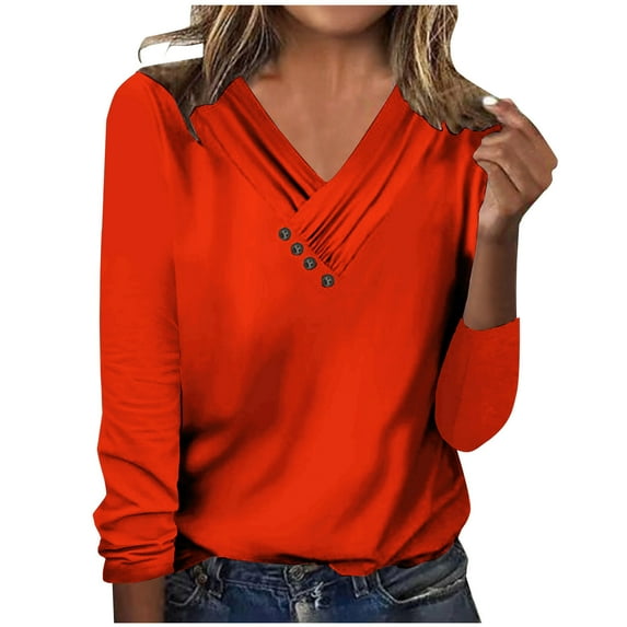 JUUYY Fall Spring Shirts for Women Casual Button Cross V Neck Solid Color Basic Tunic Tops Long Sleeve Workout Sweatshirts Loose Regular Fit Cozy Pullover Blouse Orange M