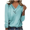 thumbnail image 1 of JUUYY Fall Spring Shirts for Women Casual Button Cross V Neck Solid Color Basic Tunic Tops Long Sleeve Workout Sweatshirts Loose Regular Fit Cozy Pullover Blouse Light Blue S, 1 of 5