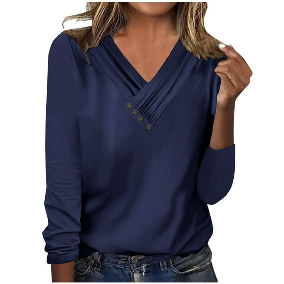 JUUYY Fall Spring Shirts for Women Casual Button Cross V Neck Solid Color Basic Tunic Tops Long Sleeve Workout Sweatshirts Loose Regular Fit Cozy Pullover Blouse Navy S