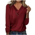 thumbnail image 1 of JUUYY Fall Spring Shirts for Women Casual Button Cross V Neck Solid Color Basic Tunic Tops Long Sleeve Workout Sweatshirts Loose Regular Fit Cozy Pullover Blouse Wine XXL, 1 of 5